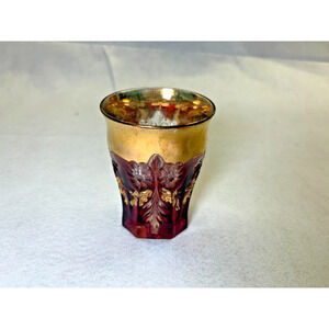 Gold Flash Ruby Stained Floral Etched Tumbler Antique Hand Painted Glass